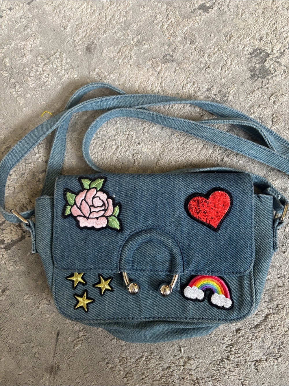 Denim Patch Crossbody Bag with Heart & Rose - Blue